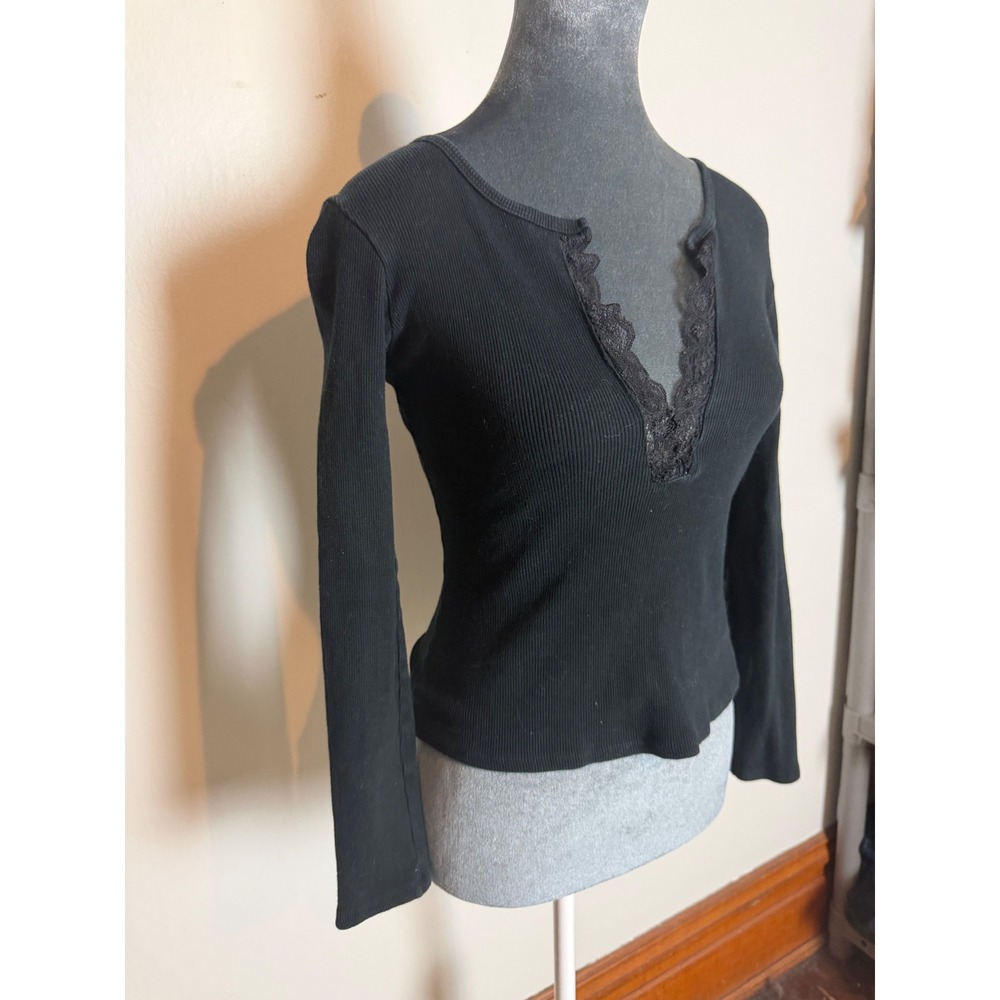 Black Ribbed Lace Trim V-Neck Top USA witchy grunge Y2K Whimsigoth  Dainty large
